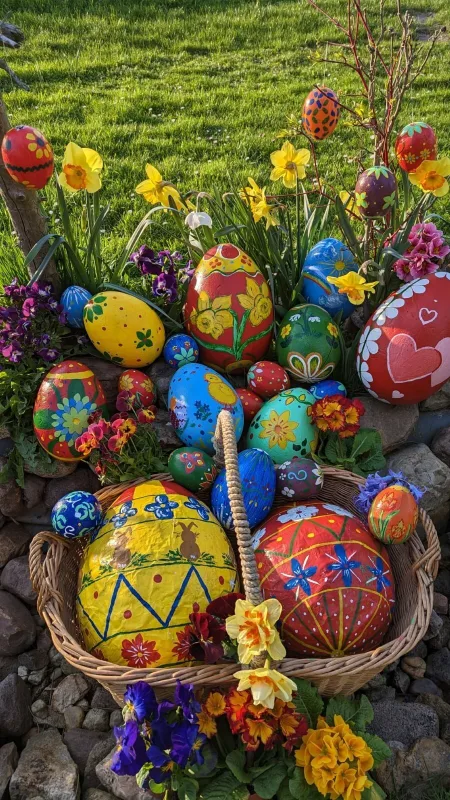 Bunte Ostereier im Frühlingsbeet – Viele handbemalte Ostereier in kräftigen Farben liegen in Körben zwischen Primeln, Narzissen und Stiefmütterchen. Das leuchtende Frühlingsbeet strahlt als festliche Dekoration im Osterdorf.