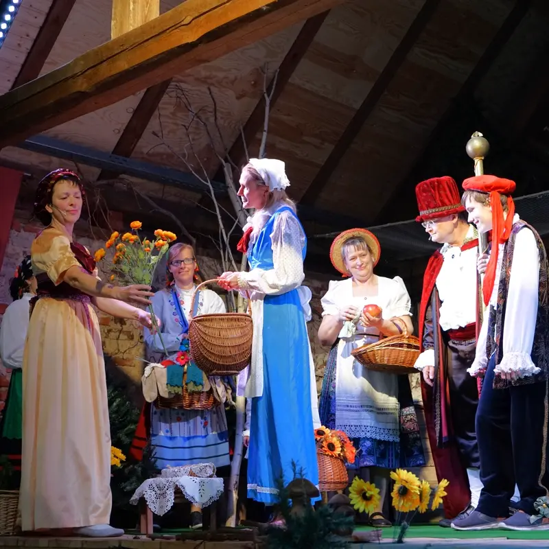 Markttreiben und Pflaumenliesel ? Auf dem belebten Marktplatz preist die Pflaumenliesel ihr frisches Pflaumenmus an. Die Szene zeigt die bunte Kulisse des Marktes, bevor das Schneiderlein sie zu sich heraufruft.