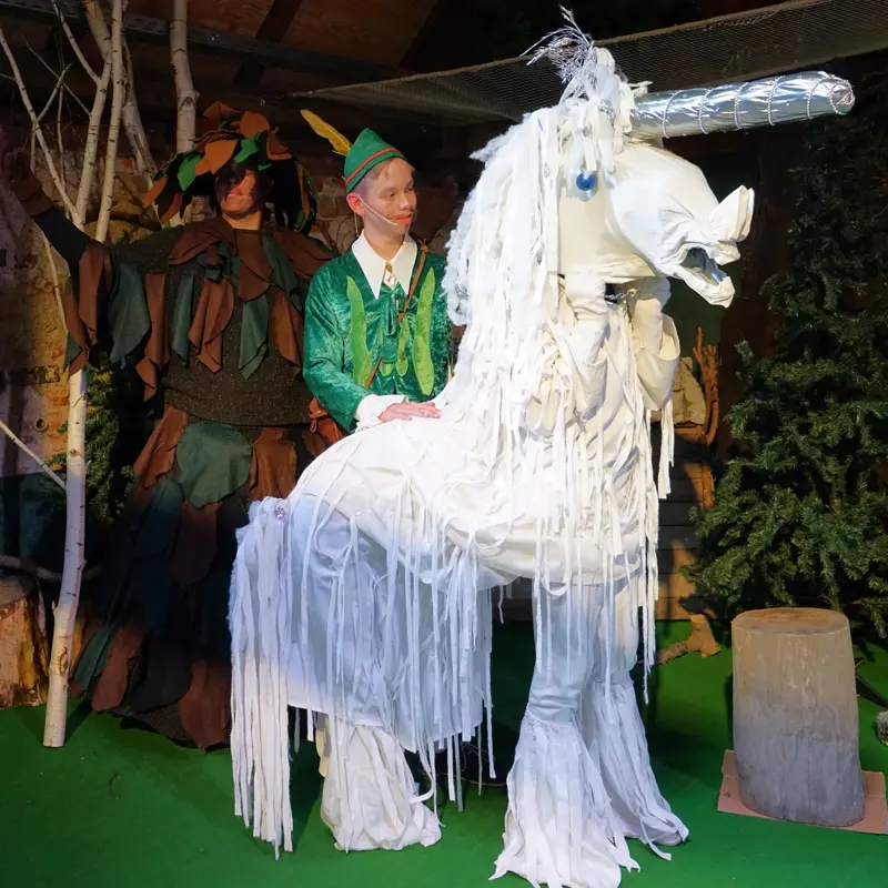 Fang des Einhorns im Wald ? Im tiefen Wald gelingt es dem Schneiderlein, das scheue Einhorn zu überlisten. Das Tier hat sich mit seinem silbernen Horn fest in einem Busch verfangen.