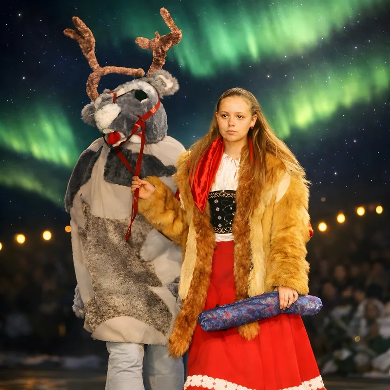 Reise unter Polarlichtern ? Gerda führt das Rentier unter grün schimmernden Nordlichtern, Mantel und Fell schützen vor der Kälte – entschlossener Marsch zur Schneekönigin.