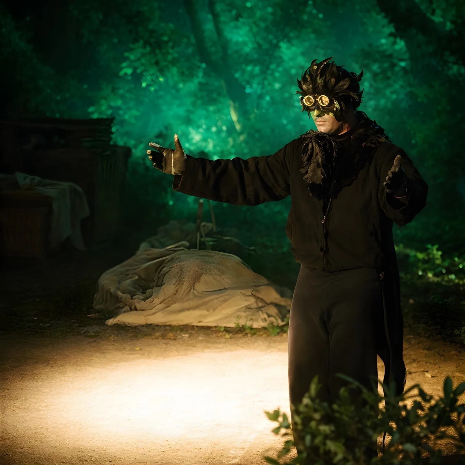 Krähe im dunklen Wald ? Eine in Schwarz gekleidete Krähenfigur mit Brille steht im grünen Nebelwald, ausgebreitete Arme wie Flügel – geheimnisvoller Wegweiser.