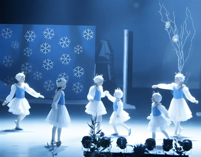 Schneeflockenreigen im blauen Licht ? Kinder in weißen Röcken und blauen Westen fassen sich an den Händen, Schneeflocken schmücken den Hintergrund – poetische Winterchoreografie.