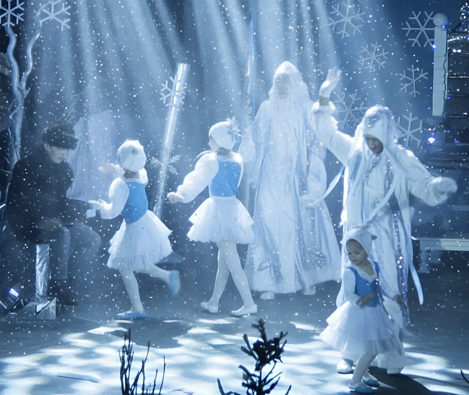 Eistanz der Schneeflocken ? Kinder und Schneewesen tanzen im funkelnden Schneefall, Lichtkegel brechen durch die Szene – verzauberter Wintertanz.