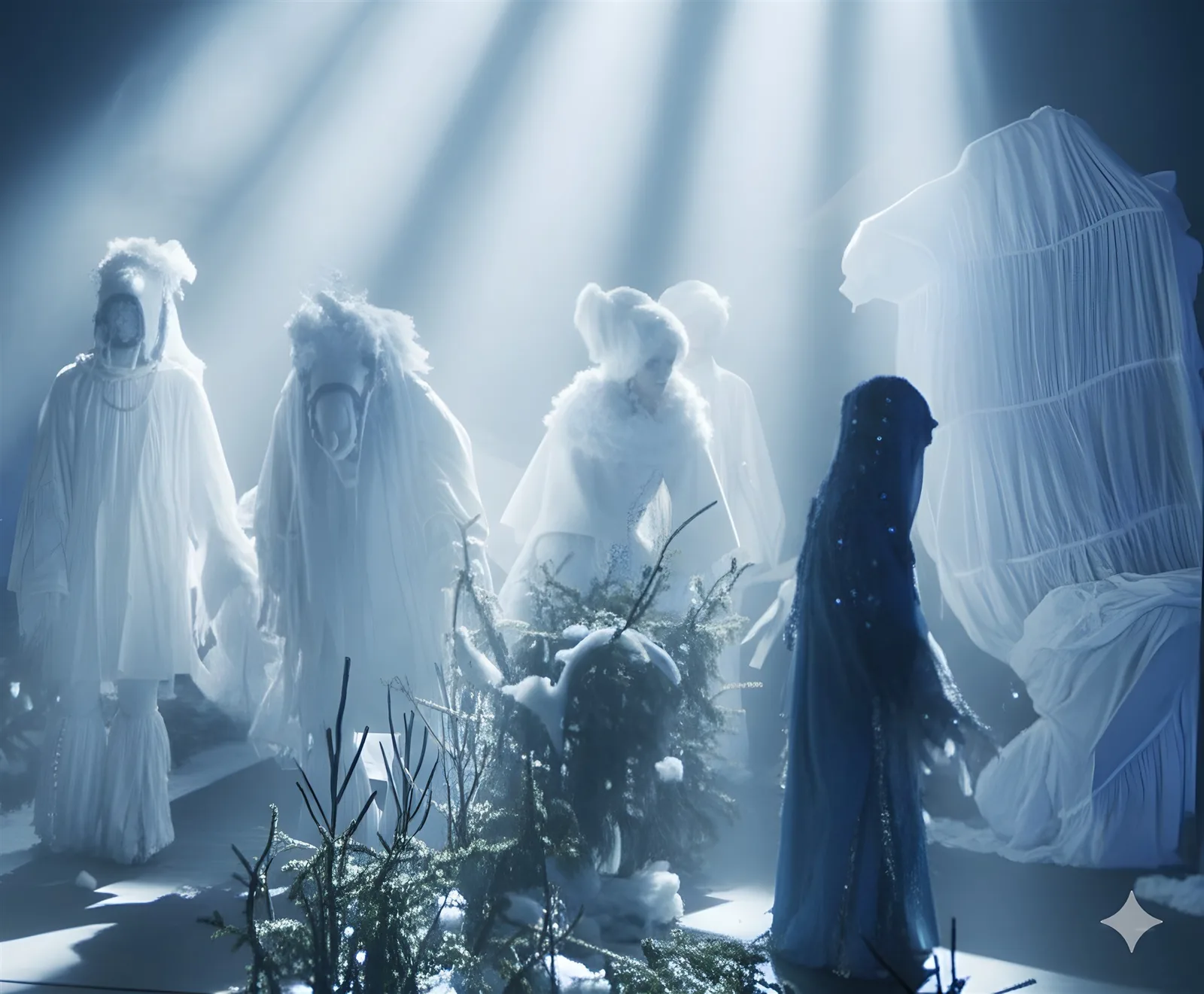 Geisterhafte Wintergestalten ? Weiße Tier- und Geistwesen schreiten durch Lichtstrahlen, eine dunkle Figur beobachtet – geheimnisvolle Prozession im Reich der Schneekönigin.