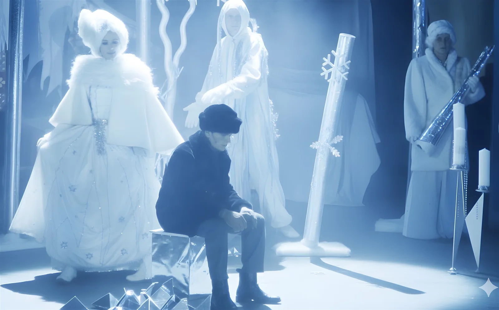 Eispalast der Schneekönigin ? Die Schneekönigin thront strahlend in Weiß, umgeben von Eissäulen und Wächtern, ein junger Mann sitzt eingefroren – kalte Pracht des Palastes.