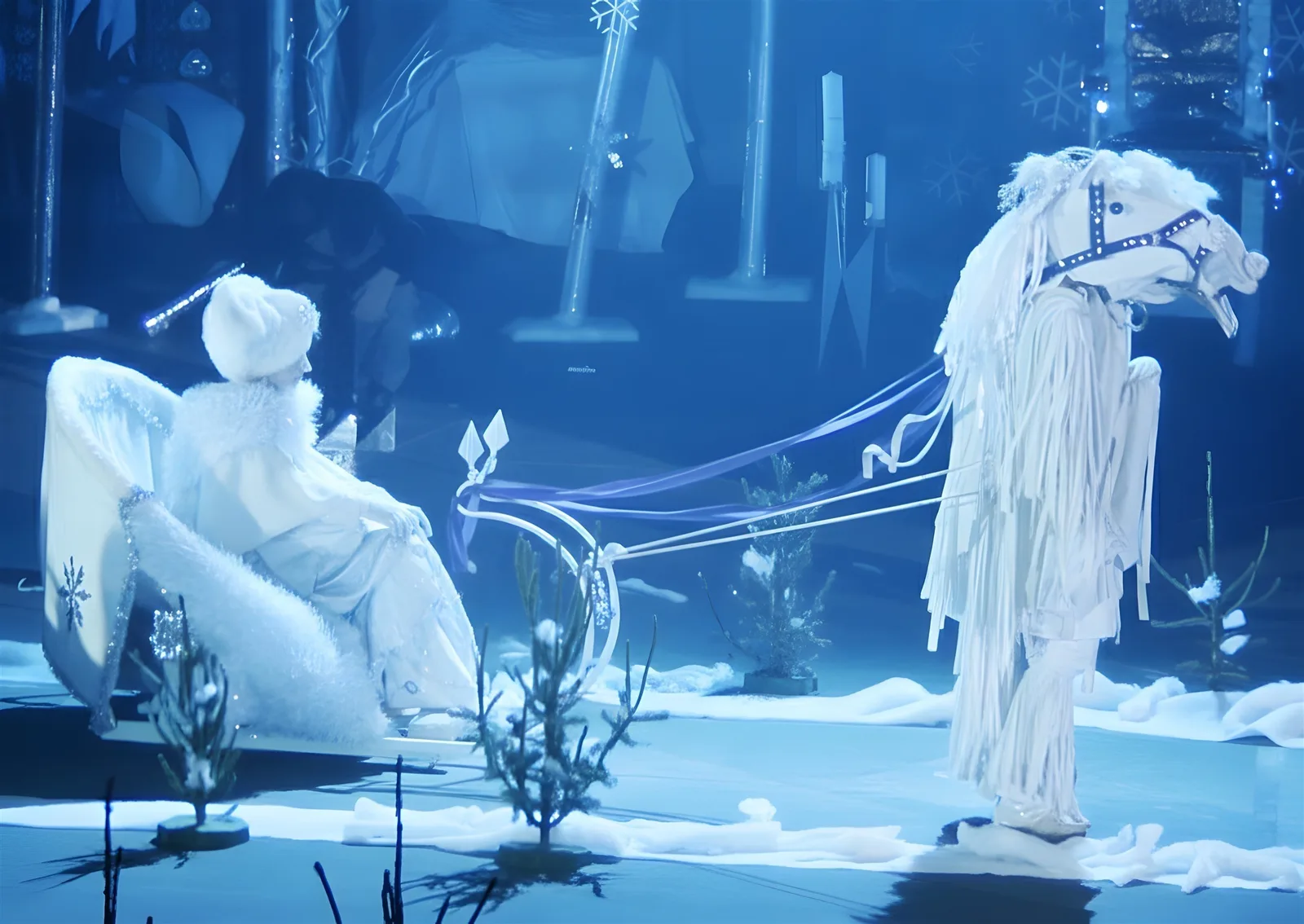 Schlitten der Schneekönigin ? Die Schneekönigin sitzt in einem weißen Schlitten, gezogen von einem weißen Pferdegespann, Frostlicht erhellt den Weg – majestätische Fahrt.