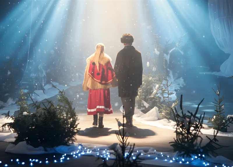 Rückkehr ins Licht ? Gerda und Kay gehen Hand in Hand durch verschneiten Wald ins helle Licht, blauer Schein legt sich über den Boden – friedliches Finale.