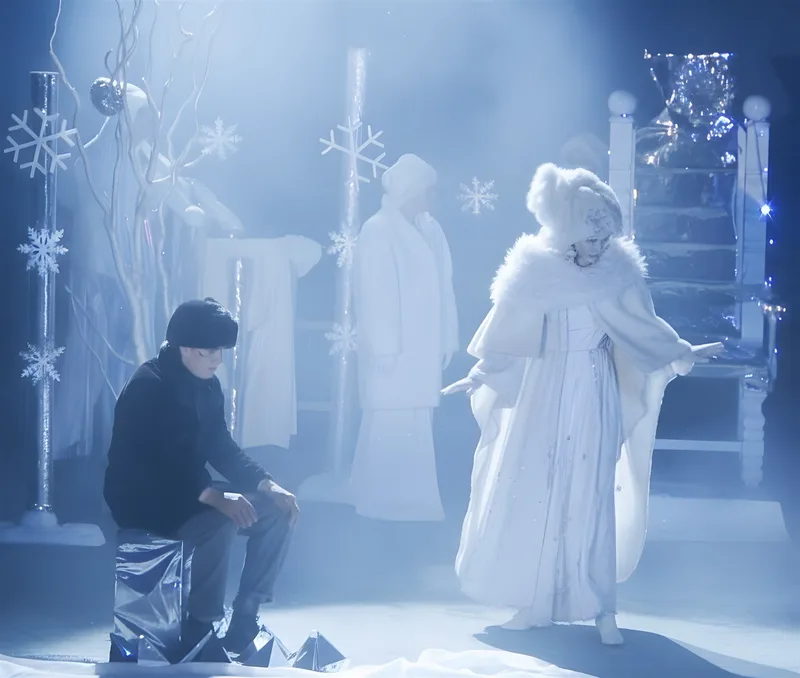 Kay gefangen vor der Schneekönigin ? Kay sitzt in Eisstarre auf einem Kristallblock, die Schneekönigin in Weiß wacht vor dem Thron – kalte Gefangenschaft im Palast.