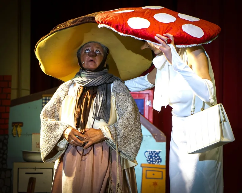 Frau Steinpilz und Frau Fliegenpilz treffen den Hexenmeister – Zwei Pilzfiguren mit übergroßen Hüten, Steinpilz und Fliegenpilz, stehen nebeneinander und tauschen sich aus – humorvolle Waldszene.
