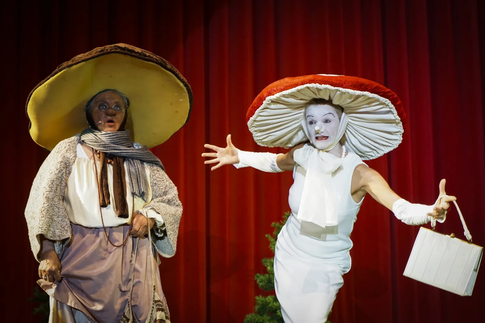 Frau Steinpilz und Frau Fliegenpilz posieren – Die Pilzfiguren Steinpilz und Fliegenpilz mit übergroßen Hüten treten vor rotem Vorhang auf, die weiße Dame gestikuliert schwungvoll – humorvolle Waldnummer.